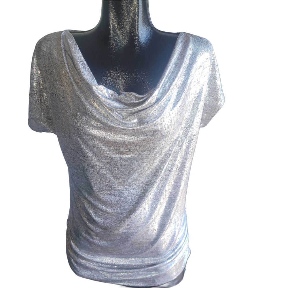Black Collection Silver Metallic Short Sleeve Draped Neckline Top M